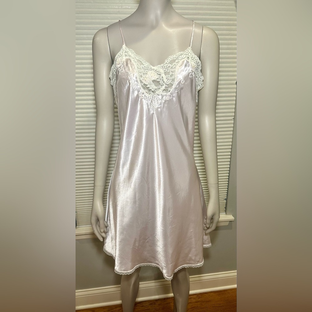 VTG Pink Beaded Lace Chance Encounters Satin Slip Dress Chemise Nightie Size L